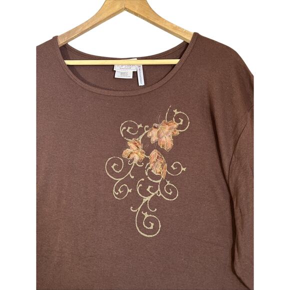 Morning Sun Tee 3X Brown 1/2 Sleeve Cotton Top Fall Leaves Embroidered Sparkle - Picture 2 of 9